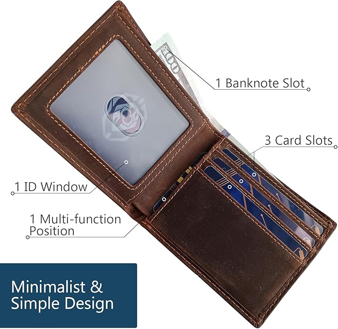 LnxLtw Men's Slim Front Pocket Bifold Wallets Full Grain Leather RFID Blocking with ID Window & Gift Box, Simple Design Minimalist Picture Holder for Men (Coffee)