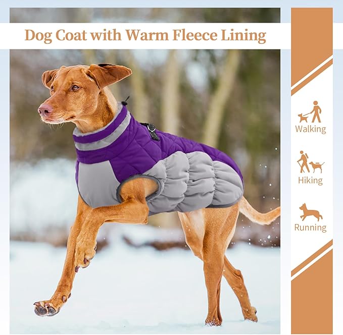 OUOBOB Dog Coats for Large Dogs,XL Dog Coat,Warm Fleece Winter Coat with D-Ring,Back Zipper Pet Jacket for Large Dogs,Waterproof Pet Snow Jacket Clothes Snowsuit Beagle Corgi Border Collie,Purple,XL