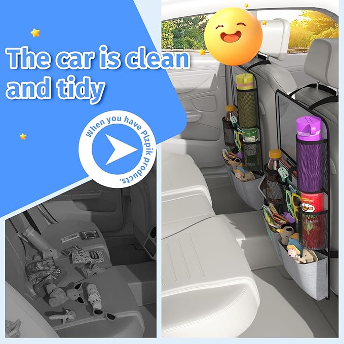 Car Backseat Organizer with Tablet Holder,11 Storage Pockets with Foldable Food Tray, Protector Kick Mats for Kids, Travel Accessories Organizer (Gray, 2Pack)