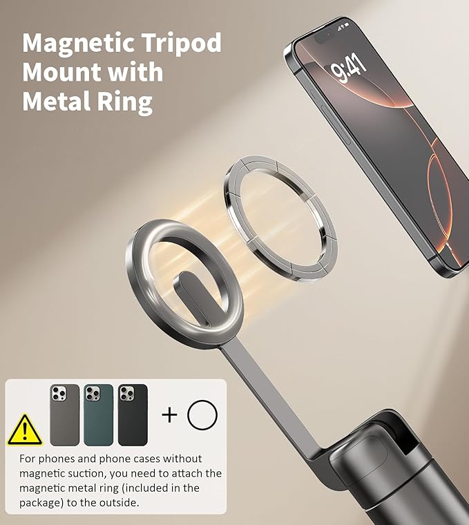 TONEOF 68" Magnetic Selfie Stick Tripod with Aluminum Strong Magnetic Holder for Magsafe, 360° Rotatable Travel Phone Tripod Stand with Metal Ring & Rechargeable Remote for iPhone/Android（Black）