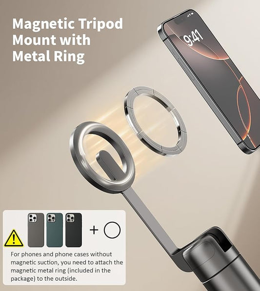TONEOF 68" Magnetic Selfie Stick Tripod with Aluminum Strong Magnetic Holder for Magsafe, 360° Rotatable Travel Phone Tripod Stand with Metal Ring & Rechargeable Remote for iPhone/Android（Black）