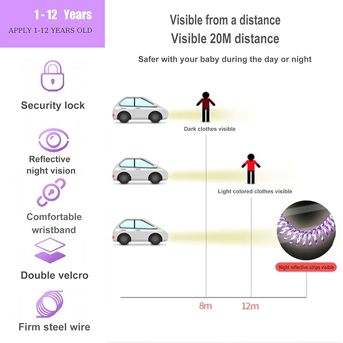 Toddler Harness Walking Leash- Child Anti Lost Wrist Link - Child Safety Harness - Upgrade with Reflective(6.5ft) - for Boys and Girls,Not Easy to Open Without Key (Purple)