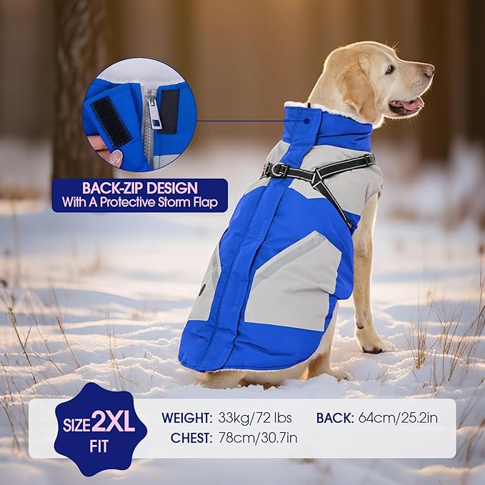 FUAMEY Dog Winter Jackets for Large Dogs,Dog Coat with Harness Built in,Waterproof Dogs Snowsuits Warm Pet Jacket Zip Up Fleece Cold Weather Coats Reflective Puppy Vest with Pocket Blue 3XL