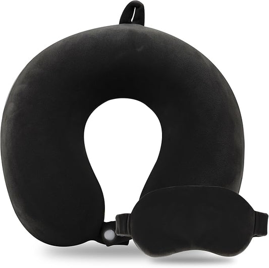 Sexysamba Pure Memory Foam Travel Pillow Set for Adults - Comfortable & Removable Machine Washable Cover, Neck Support Pillow Airplane Travel Kit with Eye Mask for Portable Plane Accessories - Black
