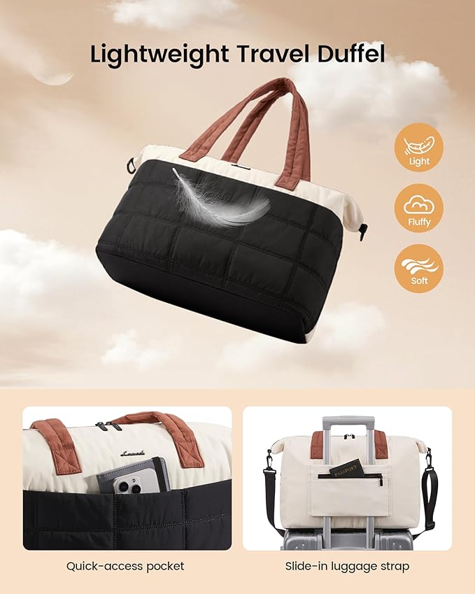 LOVEVOOK Quilted Duffle Bag for Travel,36L Gym Bag for Women with Wet Pocket,Water Resistant Weekender Overnight Bag Tote Bag for Women with Laptop Compartment(Black White Brown)