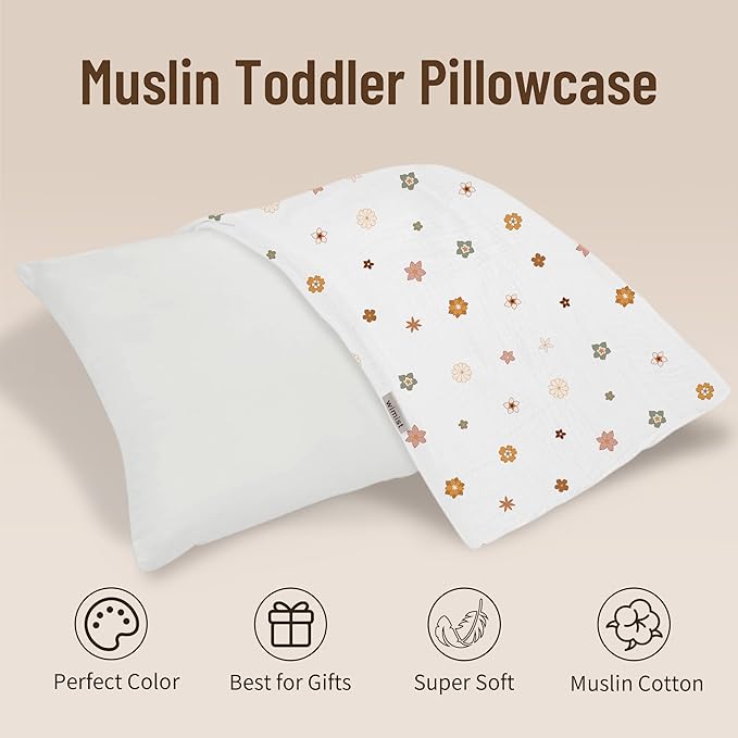 Toddler Pillowcases for 14"x20" Pillow 2 Pack, Muslin Small Toddler Baby Kids Travel Pillow Covers for Boys Girls with Envelope Closure (Sage & Flower-B, 14 x 20 Inch)