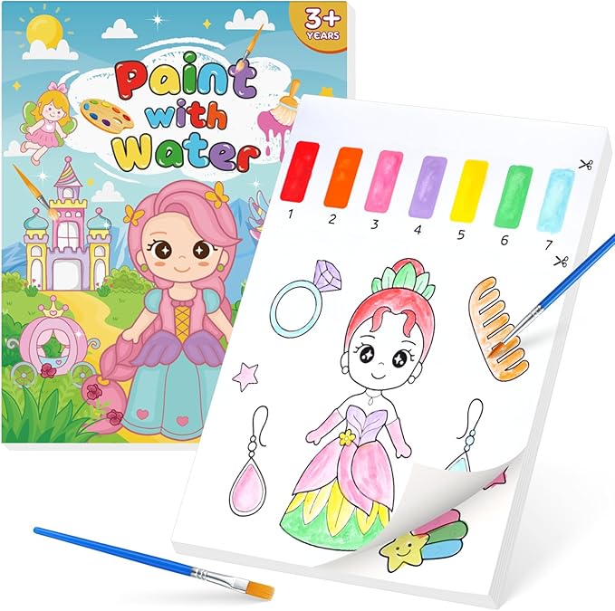 Paint with Water Coloring Books for Kids,Princess Art Craft Kit No Mess Water Color Painting Sets for Kids Ages 4-8,Birthday Gifts Travel Toy Crafts Supplies Kits for Girls Boys Drawing with 2 Brushes