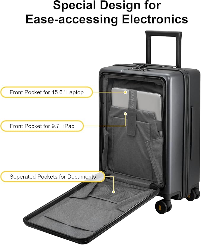 LEVEL8 Carry On Luggage with Compartment, 20 Inch Lightweight Hard Shell Rolling Suitcase with Wheels Airline Approved with Front Pocket, Double Tsa Locks, Grey