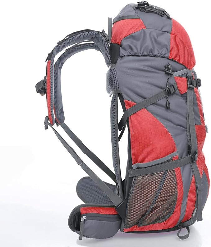 UNISTRENGH 60L Hiking Backpack Internal Frame Mountaineering Camping Backpacking with Rain Cover (Red)