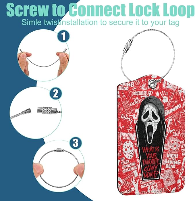 2 Pcs Horror Movie luggage tag, Suitcase Tags with Privacy Flap and Metal Loop, Ghost Spooky Movie Fans Luggage Tags for Suitcases, Identifiers Travel Essentials Bag Tags for Luggage, Gifts for Friend