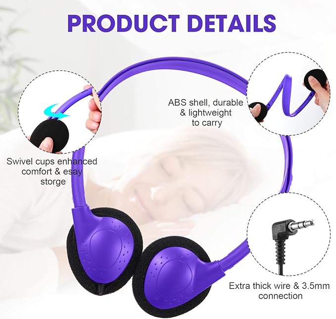 Konohan 12 Pack Headphones Bulk for School Student Classroom Set of Headphones Wire Headset Adjustable with 3.5 mm Jack for Adult (Red,Purple,Gray,Black)