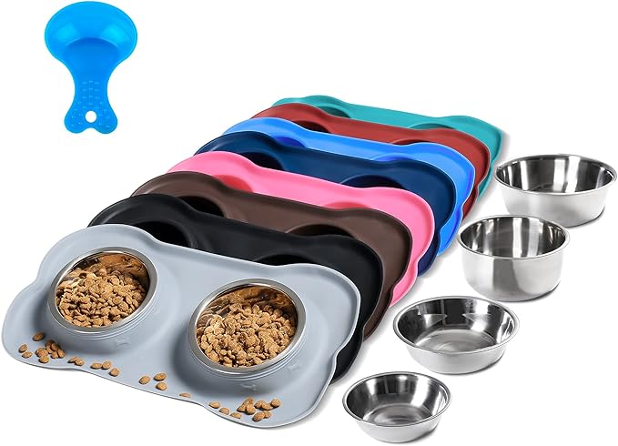 Hubulk Pet Dog Bowls 2 Stainless Steel Dog Bowl with No Spill Non-Skid Silicone Mat + Pet Food Scoop Water and Food Feeder Bowls for Feeding Small Medium Large Dogs Cats Puppies (Extra Large, Gray)
