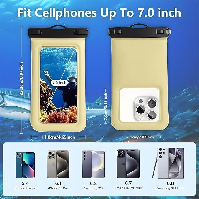 Floatable Soap Bubble Waterproof Phone Pouch/Case with Crossbody Lanyard for iPhone 17 16 Pro Max/15 Pro/14/13/12, IP68 Cellphone Dry Bag Beach Cruise Ship Essentials, 1 Pack-Creamy-7″