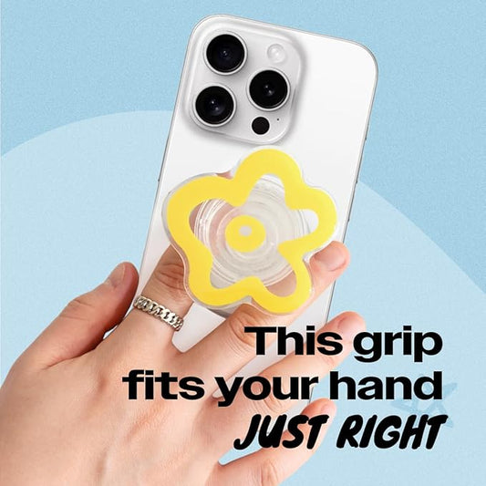 OnTheGrip Cute Transparent Daisy Flower Shape Design Mobile Phone Grip Compatible with Magsafe Multi Functional Collapsible Stand Holder for Smartphone Tablet Cell Phone Accessory (Yellow)