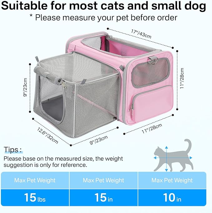 Cat Carrier Soft for Travel & Vet Visits, Expandable Soft Pet Carrier for Cats Up to 15 lbs, Breathable & Cozy Cat Bag Carrier, Airline Approved Portable Pet Travel Carrier, Pink