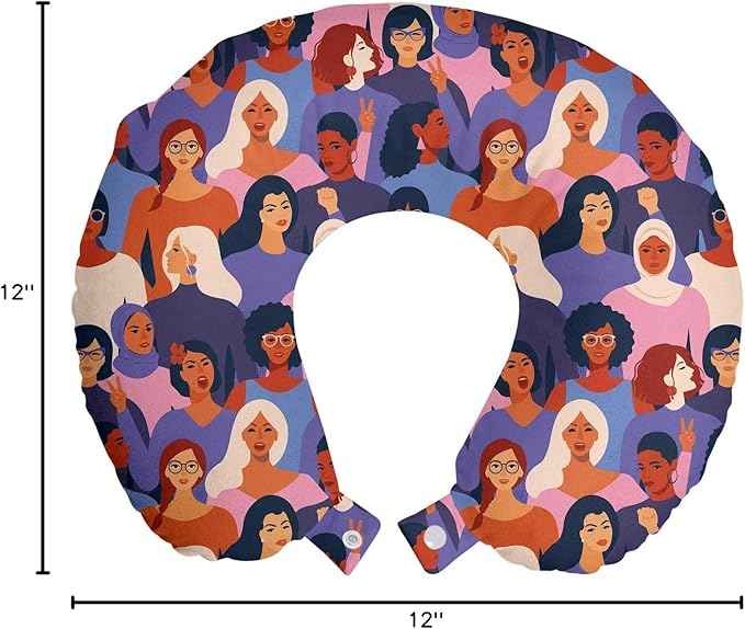 Ambesonne Feminist Travel Pillow Neck Rest, Female of Diverse Ethnics or Backgrounds Assembled Together Empowerment, Memory Foam Traveling Accessory for Airplane and Car, 12", Purple