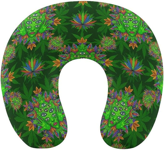 Pain Relief Travel Pillow Memory Foam Chin Support Trippy Eye Leaf Weedleaf Green, Breathable Washable Cover for Airplane Car Office