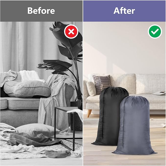 OTraki Laundry Bag 28x45 Inch Heavy Duty Laundry Wash Bag 2 Pack Large Laundry Basket Liner Bags Hamper Bag Dirty Clothes Organizer with Drawstring Closure for Travel Camp College Dorm (Grey&Black)