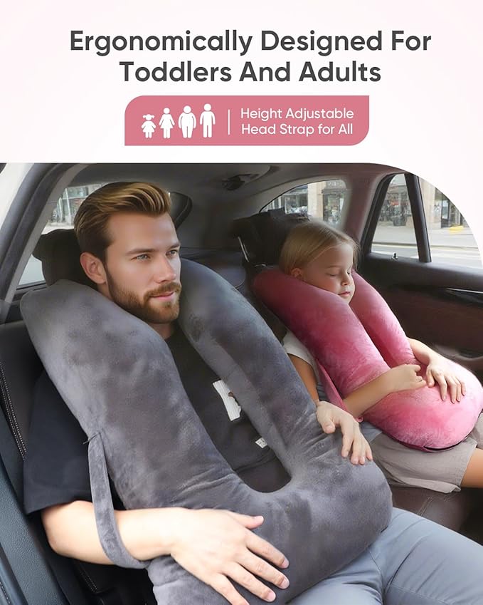 Car Travel Pillow for Kids Adults, Raised Padding Head and Neck Support Car Seat Sleeping Pillow for Toddlers, Portable U Shaped Body Pillow for Car Seat On Road Trip (Magenta)