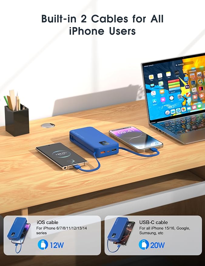 Portable Charger, 20000mAh 22.5W Fast Charging Power Bank with Built-in Cables & Wall Plug, Travel Essential Battery Pack with LED Display, USB C Battery Phone Charger for iPhone, iPad, Samsung Navy