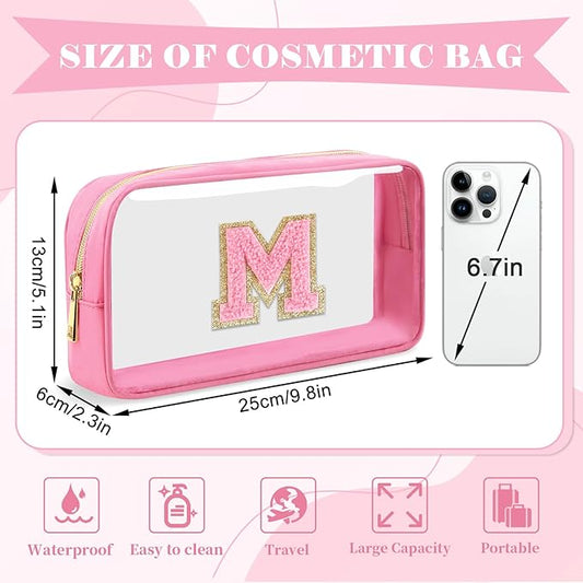 Personalized Initial Letter Clear Makeup Bag,Preppy Small Nylon&PVC Cosmetic Zipper Bag with Chenille Letter,Portable Beach Travel Skincare Toiletry Bag,Trendy Monogram Gift for Teen Girls Women,M