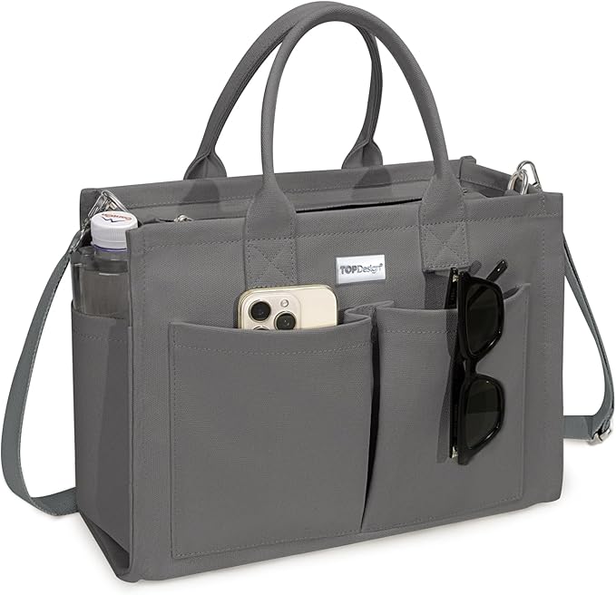 TOPDesign Heavy-Duty Canvas Tote Bag for Women, Adjustable Crossbody/Shoulder Handbag with 9 Pockets, Everything Tote