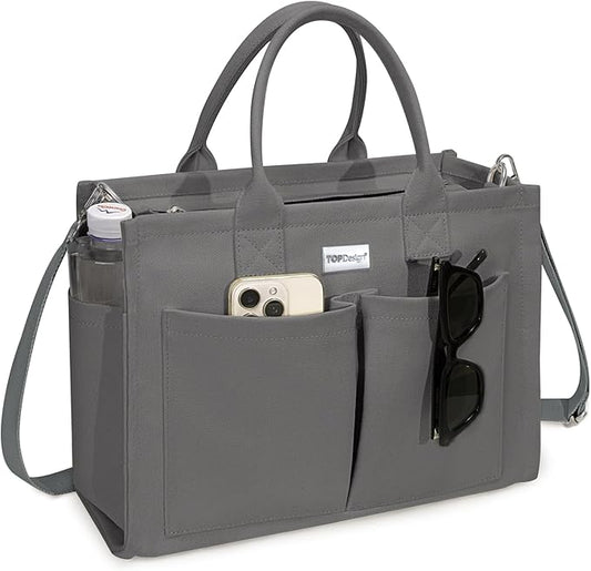 TOPDesign Heavy-Duty Canvas Tote Bag for Women, Adjustable Crossbody/Shoulder Handbag with 9 Pockets, Everything Tote