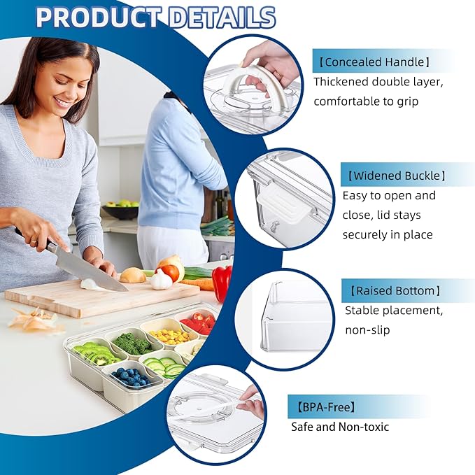 Air-Tight Snackle Box Container –Divided Serving Tray with Lid & Handle–Clear Snack box for Fruits, Candy & Nuts–Portable for Travel & Daily Use (8 Inside Containers Dishwasher Safe)