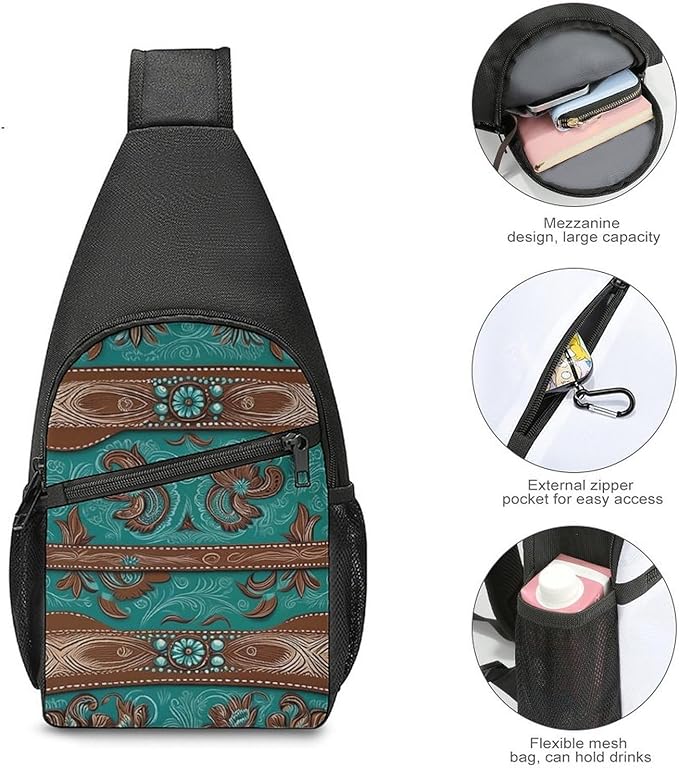 SWEET TANG Unisex Unique Chest Bag Gym Sack Fashion Sling Shoulder Backpack Outdoor Sports Daypack Rustic Brown Teal Western Country Tooled Leather, Multipurpose Adjustable Bag for Daily Use
