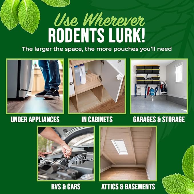 Mighty Mint Mouse Repellent Pouches – Peppermint, Castor Oil & Cinnamon Formula – Natural Indoor Deterrent for Mice and Rodents – Plant-Based, Long-Lasting Protection – 12 Count