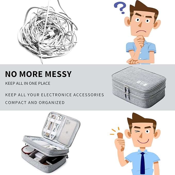 Lanola Travel Cable Organizer Bag, Electronic Accessories Case Portable Double Layer Cable Storage Bag for Cord,phone,Charger, Flash Drive, Phone, SD Card,Personal Items - (Grey)