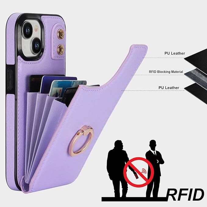 Folosu Compatible with iPhone 15 Case Wallet with Card Holder, 360°Rotation Finger Ring Holder Kickstand, RFID Blocking Leather Protective Double Buttons Shockproof Cover 6.1 Inch (Purple)