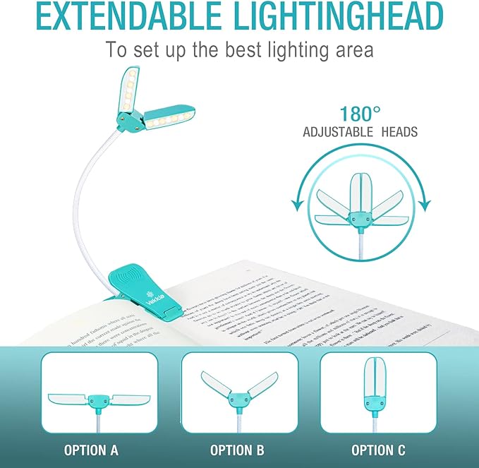 Vekkia 14 LED Rechargeable Book Light for Reading at Night, Eye-Care Reading Light for Books in Bed, 180° Adjustable, Clip on Lamp, 3 Color Temperatures, Lightweight, Present for Reader