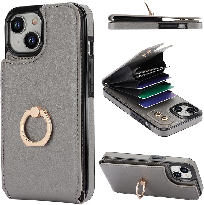 Folosu Compatible with iPhone 15 Case Wallet with Card Holder, 360°Rotation Finger Ring Holder Kickstand, RFID Blocking Leather Protective Double Buttons Shockproof Cover 6.1 Inch Gray