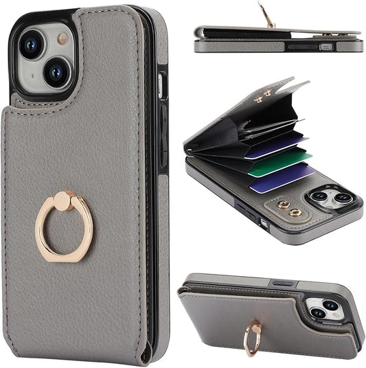 Folosu Compatible with iPhone 15 Case Wallet with Card Holder, 360°Rotation Finger Ring Holder Kickstand, RFID Blocking Leather Protective Double Buttons Shockproof Cover 6.1 Inch Gray