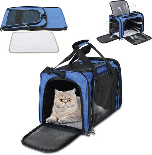 Pet Portable Travel Carrier Bag for Cats Dogs, Mesh Travel Puppy Carrier, Oxford Fabric Large Capacity Breathable Soft-Sided Animals Carrier with Mat Shoulder Strap (Blue)