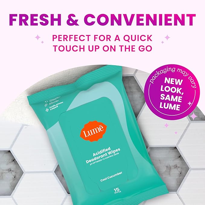 Lume Acidified Deodorant Wipes - 24 Hour Odor Control - Aluminum Free, Baking Soda Free, Skin Loving - Flushable - 15 Count (Pack of 3) (Cool Cucumber)