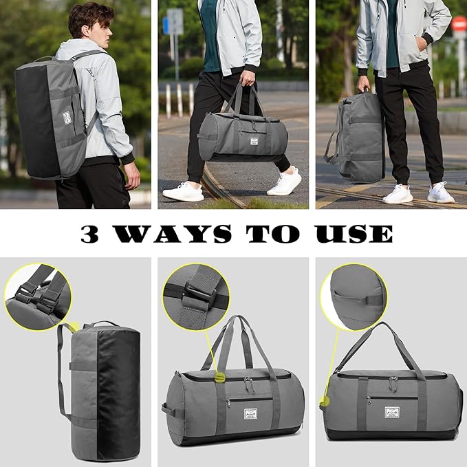 Lyweem 60L Duffle Bag for Men Travel Duffel Bag Large Size for Women Weekender Overnight with Shoes Compartment Multifunctional Gym Bags, Gray