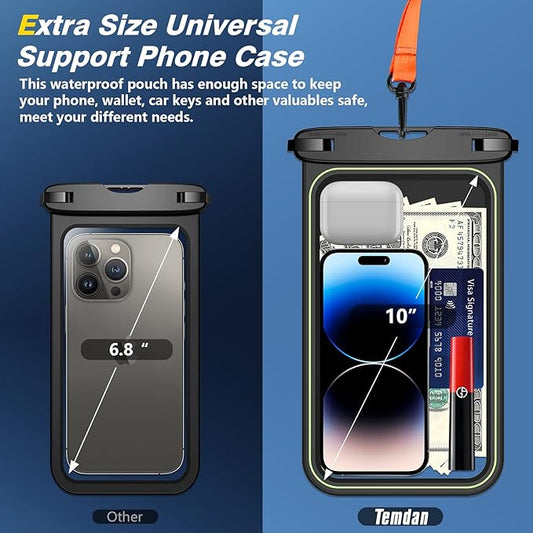 Temdan 2 Pcs Floating Waterproof Phone Pouch,[Up to 10" Large] Universal IPX8 Waterproof Cell Phone Dry Bag with Lanyard for iPhone 16 Pro Max/16E/15/14/13/12/11,Galaxy S25 Ultra/S24/S23 for Vacation