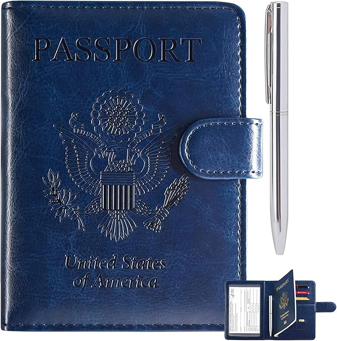 RSAquar Passport Holder for Women and Men, Premium PU Leather Travel Passport Wallet RFID Blocking Passport Cover Travel Documents Organizer with Pen Holder, Blue#2
