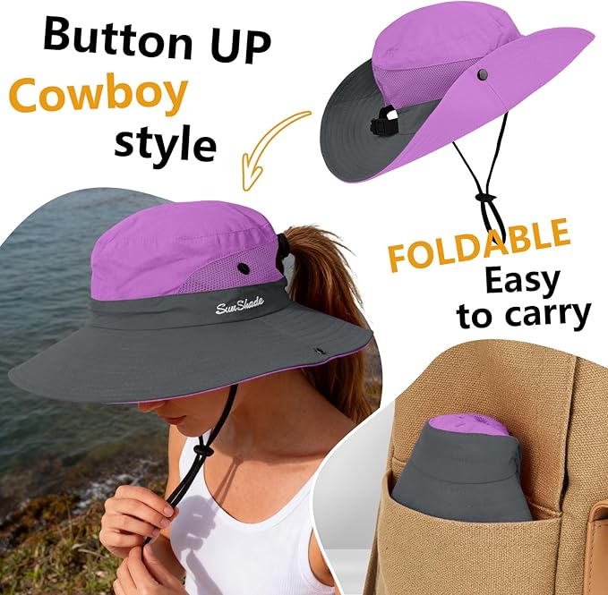 ZOORON Women's Ponytail Safari Sun Hat,Wide Brim UV Protection Outdoor Bucket Hat,Foldable Beach Summer Fishing Hat