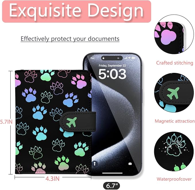 Passport Holder, Travel Wallet Cover with Pen Loop | Cute RFID Blocking Leather Case with Magnetic Closure for Travel Essentials-Pawprint