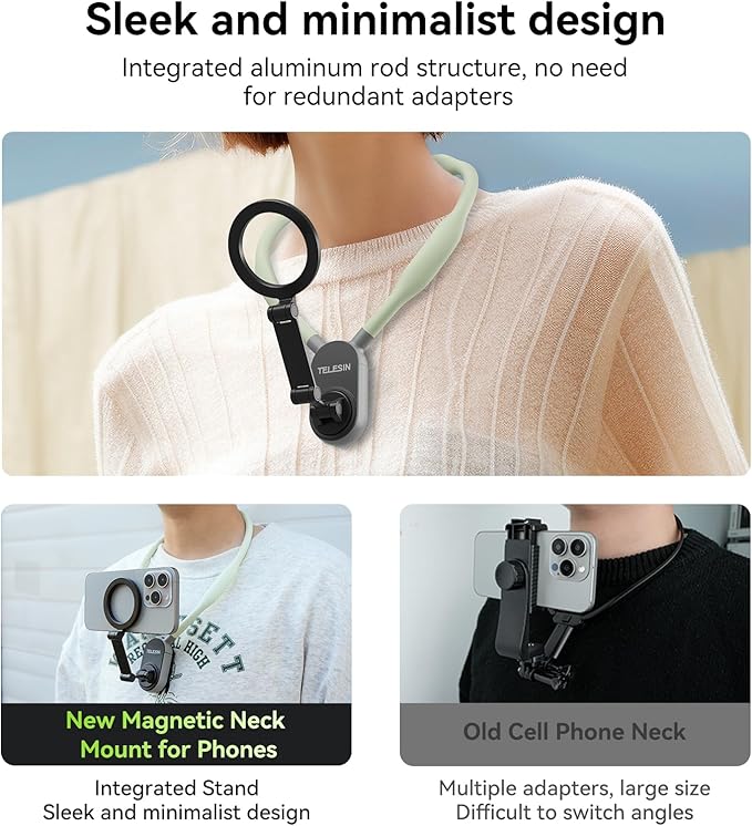TELESIN° Magnetic Neck Mount for Phones, Cell Phone Holder Stand Hanging on Neck POV/Vlog Selfie Hand Free Necklace Phone Strap Video Recording for iPhone 16 15 14 13 12 Seires Android Phones (Green)