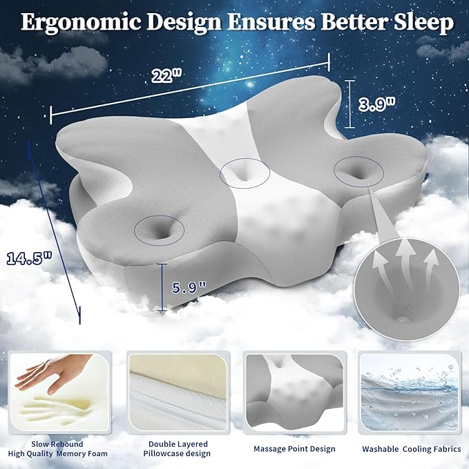 Cervical Neck Pillow, Side Sleeper Pillows, Cooling Ergonomic Neck Support Pillow for Neck Pain Relief, Orthopedic Contour Memory Foam Pillows for Side Back & Stomach Sleepers