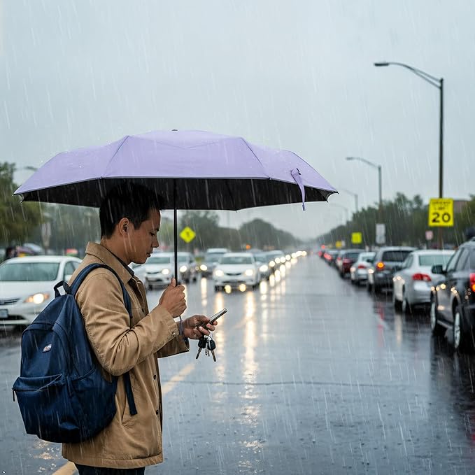 GAOYAING Mini Compact Travel Umbrella with Reflective Safety Stripes, Portable Folding Design with Case