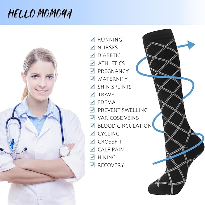hello momoya Compression Socks for Women Men Circulation Knee High 8 Pairs for Nurses, Running, Travel, Athletic