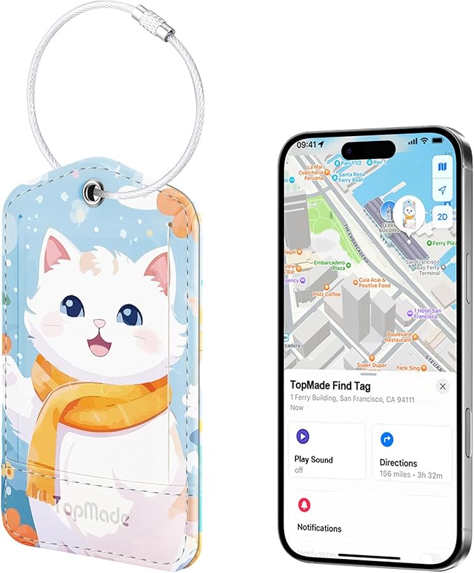 TopMade Smart Luggage Tag with Apple Find My, Premium Leather Luggage Tags for Suitcase, Travel Bags, Backpacks, Anti-Lost Suitcase Tag Tracker for Travel with Privacy Name Card, Rechargeable