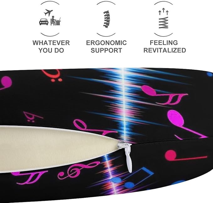 Soft Memory Foam Travel Pillow Chin Support Colorful Music Notes, Removable Washable Cover for Airplane Car Home Office Nap