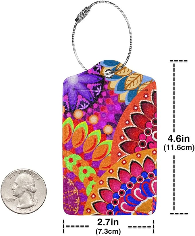 Colorful Mandala Style Luggage Tags Bright Red Bag Tag with Full Back Privacy Cover Name ID Card Stainless Steel Loop Suitcase Labels Address Card PU Leather Baggage Tags Luggage for Travel, 2 Pcs