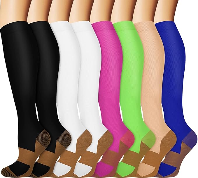 Graduated Copper Compression Socks for Men & Women Circulation 8 Pairs 15-20mmHg - Best for Running Athletic Cycling
